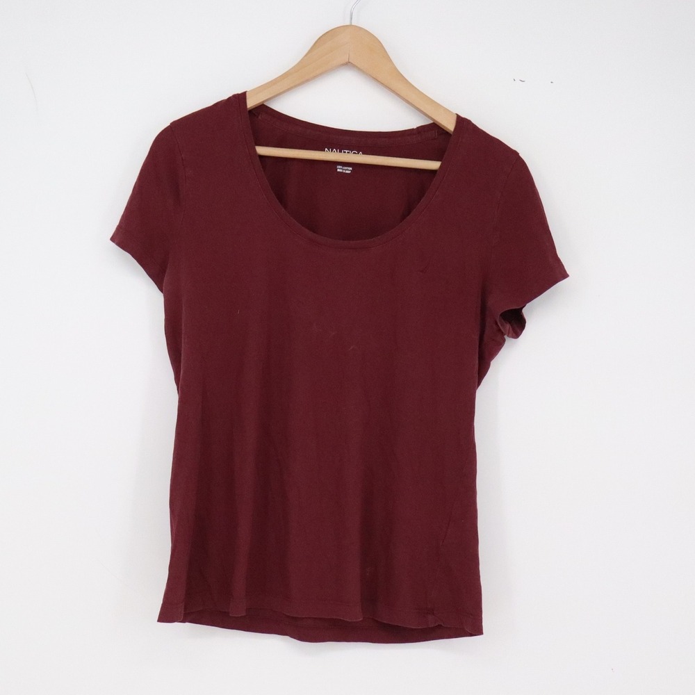 Nautica T-Shirt Womens L Scoop Neck Burgundy Solid Cotton Short Sleeve Excellent